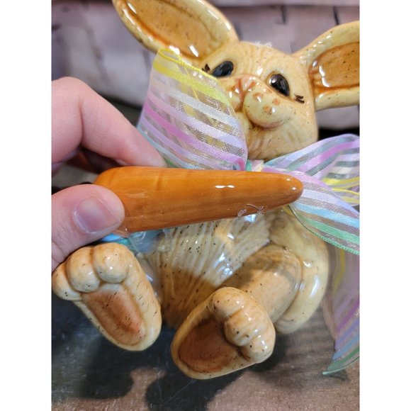 Ceramic brown easter bunny AS IS rabbit carrot bow decor figure - Picture 4 of 9